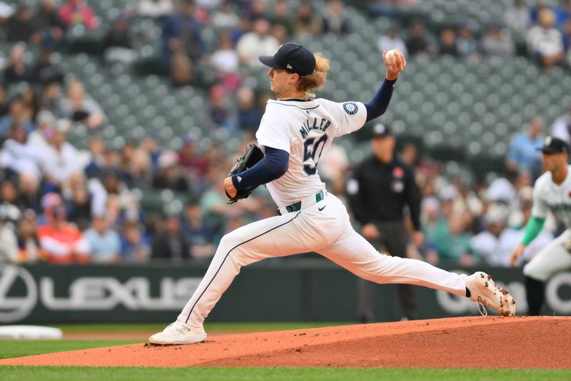 May 27, 2024; Seattle, Washington, USA; Seattle Mariners starting pitcher Bryce Miller (50) pitches to the Houston Astros during the first inning at T-Mobile Park. Mandatory Credit: Steven Bisig-USA TODAY Sports