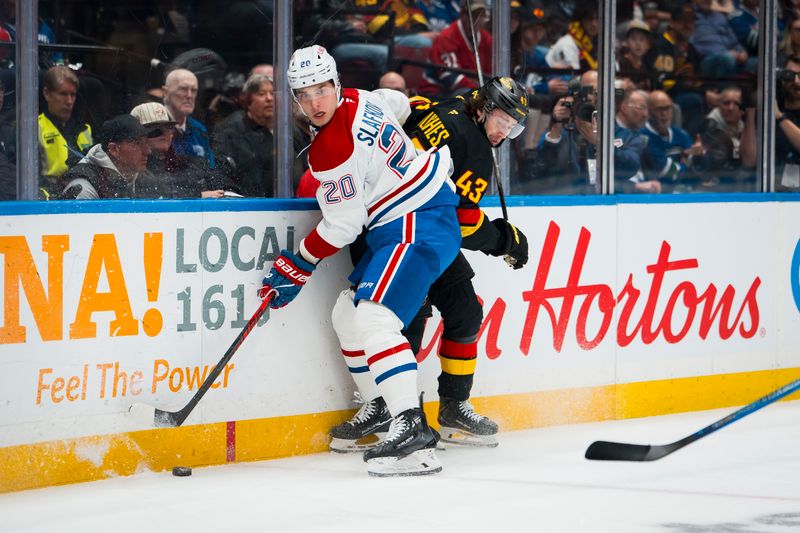 Oct 25, 2025; Vancouver, British Columbia, CAN; Vancouver Canucks defenseman Quinn Hughes (43) battles with Montreal Canadiens forward Juraj Slafkovsky (20) in the first period at Rogers Arena. Mandatory Credit: Bob Frid-Imagn Images