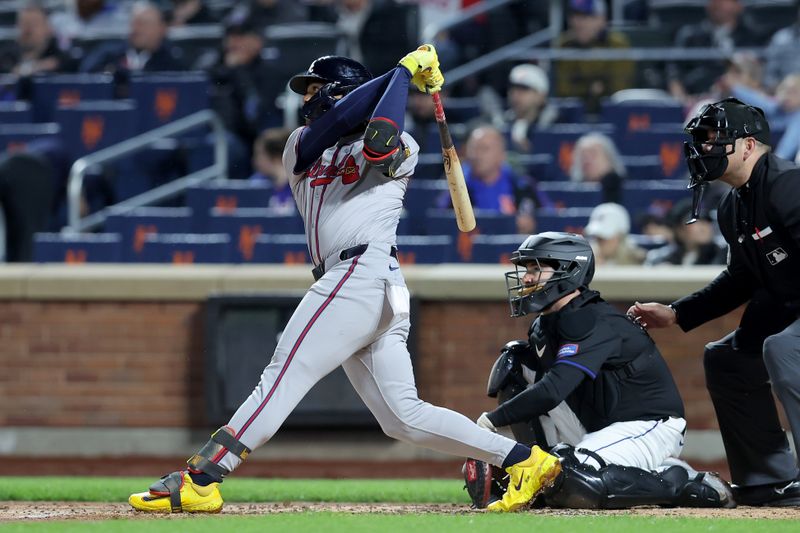 May 10, 2024; New York City, New York, USA; Atlanta Braves right fielder Ronald Acuna Jr. (13) follows through on a solo home run against the New York Mets during the third inning at Citi Field. Mandatory Credit: Brad Penner-USA TODAY Sports