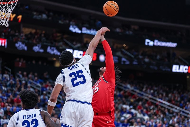 Dec 13, 2025; Newark, New Jersey, USA; Seton Hall Pirates center Najai Hines (25) blocks a shot by by Rutgers Scarlet Knights center Gevonte Ware (15) during the first half at Prudential Center. Mandatory Credit: Vincent Carchietta-Imagn Images