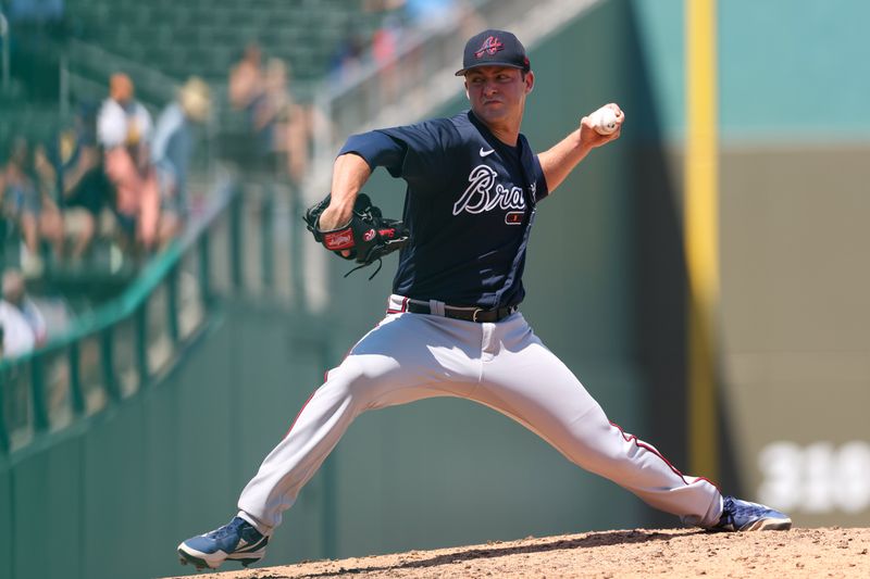 Mar 28, 2023; Fort Myers, Florida, USA;  Atlanta Braves pitcher Jared Shuster (84) throws a pitch against the Boston Red Sox in the fourth inning during spring training at JetBlue Park at Fenway South. Mandatory Credit: Nathan Ray Seebeck-USA TODAY Sports