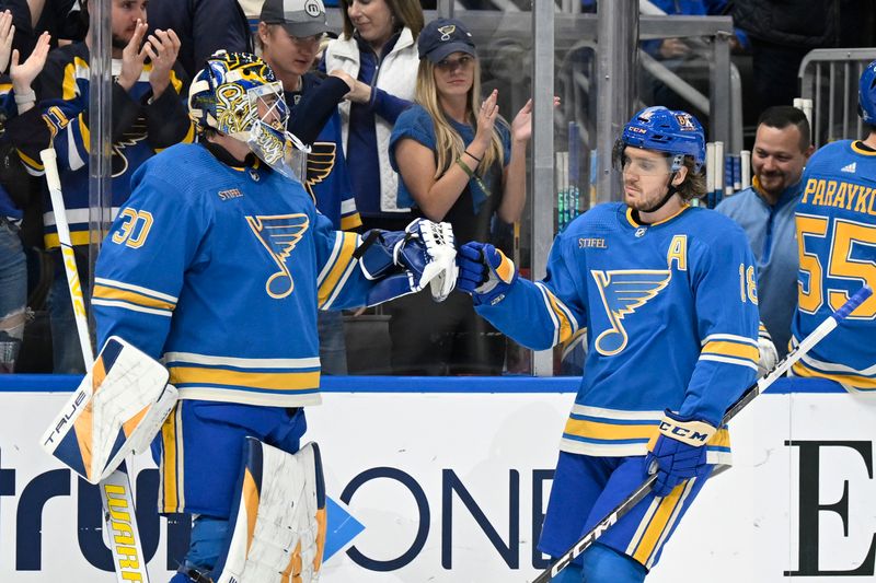 Nov 4, 2023; St. Louis, Missouri, USA; St. Louis Blues center Robert Thomas (18) celebrates with goaltender Joel Hofer (30) after scoring a goal against the Montreal Canadiens during the first period at Enterprise Center. Mandatory Credit: Jeff Le-USA TODAY Sports