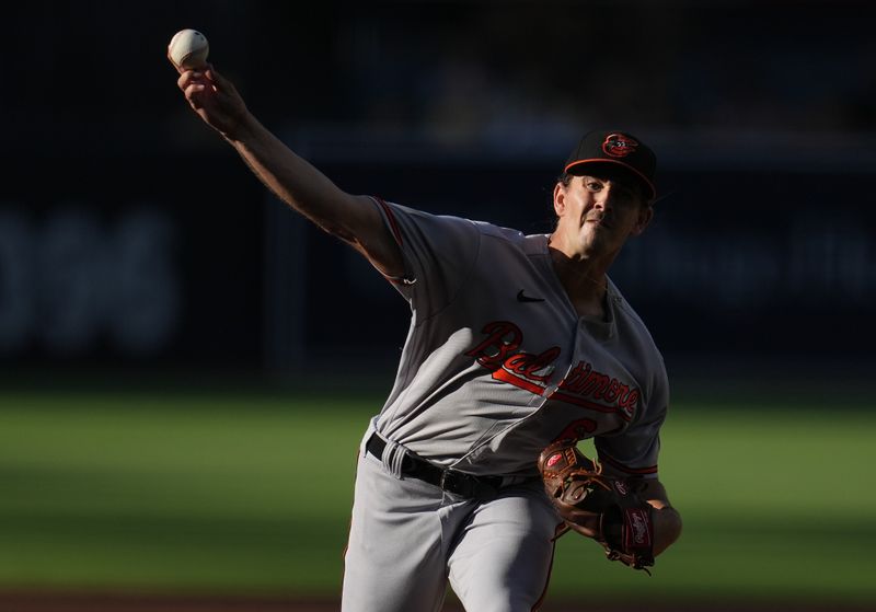 Aug 16, 2023; San Diego, California, USA;  Baltimore Orioles starting pitcher Dean Kremer (64) throws a pitch against the San Diego Padres during the first inning at Petco Park. Mandatory Credit: Ray Acevedo-USA TODAY Sports