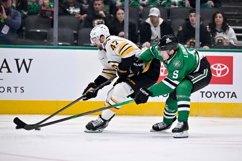 Jan 20, 2026; Dallas, Texas, USA;  Boston Bruins center Mark Kastelic (47) skates with the puck in front of Dallas Stars defenseman Nils Lundkvist (5) during the first period at the American Airlines Center. Mandatory Credit: Jerome Miron-Imagn Images