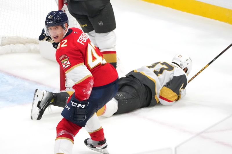 Oct 19, 2024; Sunrise, Florida, USA;  Florida Panthers defenseman Gustav Forsling (42) celebrates after scoring the winning goal in overtime against the Vegas Golden Knights at Amerant Bank Arena. Mandatory Credit: Jim Rassol-Imagn Images