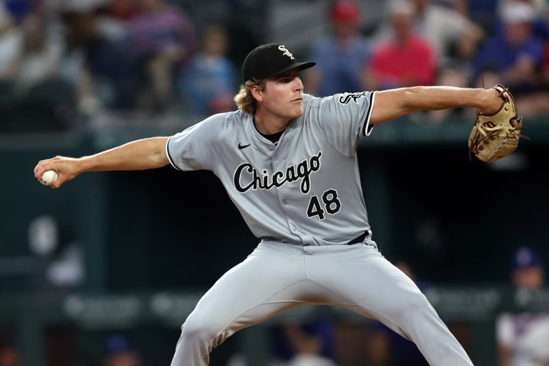 Jul 25, 2024; Arlington, Texas, USA; Chicago White Sox pitcher Jonathan Cannon (48) throws against the Texas Rangers in the first inning at Globe Life Field. Mandatory Credit: Tim Heitman-USA TODAY Sports