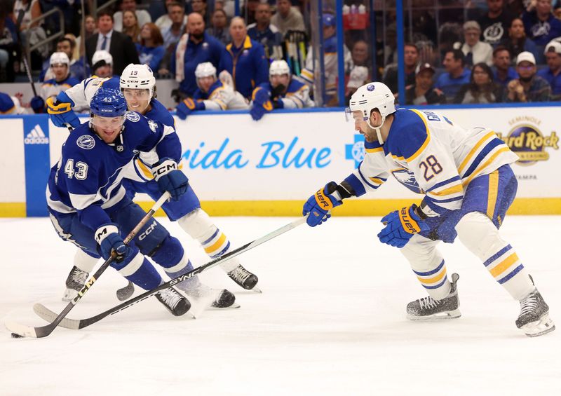 Apr 15, 2024; Tampa, Florida, USA;  Buffalo Sabres left wing Zemgus Girgensons (28) defends Tampa Bay Lightning defenseman Darren Raddysh (43) during the third period at Amalie Arena. Mandatory Credit: Kim Klement Neitzel-USA TODAY Sports