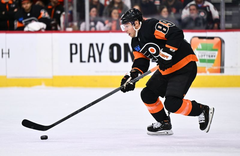 Nov 18, 2023; Philadelphia, Pennsylvania, USA; Philadelphia Flyers right wing Cam Atkinson (89) controls the puck against the Vegas Golden Knights in the first period at Wells Fargo Center. Mandatory Credit: Kyle Ross-USA TODAY Sports