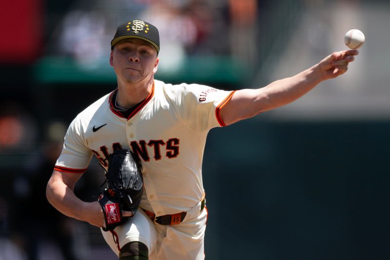 May 18, 2024; San Francisco, California, USA; San Francisco Giants starting pitcher Kyle Harrison (45) delivers a pitch against the Colorado Rockies during the first inning at Oracle Park. Mandatory Credit: D. Ross Cameron-USA TODAY Sports