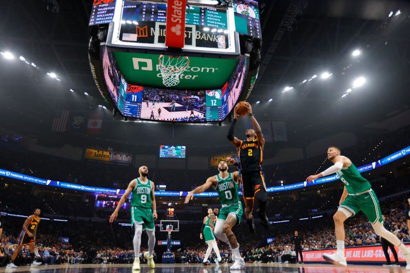 OKLAHOMA CITY, OK - JANUARY 5:  Shai Gilgeous-Alexander #2 of the Oklahoma City Thunder shoots the ball during the game against the Boston Celtics on January 5, 2025 at Paycom Center in Oklahoma City, Oklahoma. NOTE TO USER: User expressly acknowledges and agrees that, by downloading and or using this photograph, User is consenting to the terms and conditions of the Getty Images License Agreement. Mandatory Copyright Notice: Copyright 2025 NBAE (Photo by Martin McGrew/NBAE via Getty Images)