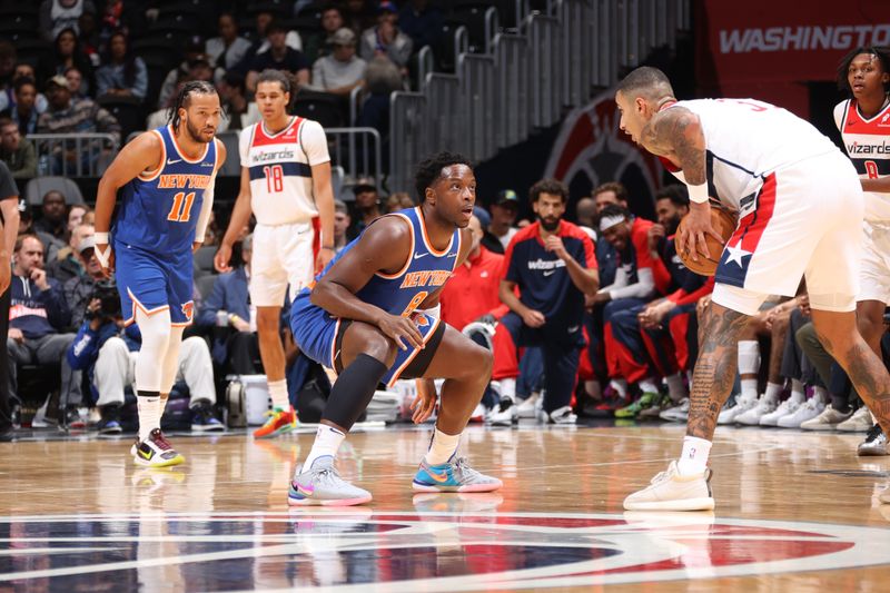 WASHINGTON, DC -? OCTOBER 18: OG Anunoby #8 of the New York Knicks plays defense during the game against the Washington Wizards on October 18, 2024 at Capital One Arena in Washington, DC. NOTE TO USER: User expressly acknowledges and agrees that, by downloading and or using this Photograph, user is consenting to the terms and conditions of the Getty Images License Agreement. Mandatory Copyright Notice: Copyright 2024 NBAE (Photo by Kenny Giarla/NBAE via Getty Images)