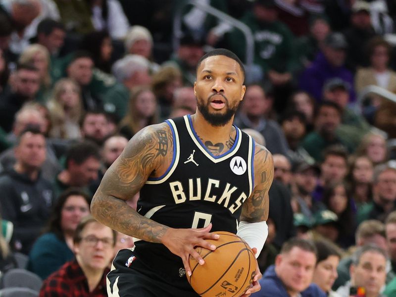 MILWAUKEE, WISCONSIN - JANUARY 11: Damian Lillard #0 of the Milwaukee Bucks handles the ball during a game against the Boston Celtics at Fiserv Forum on January 11, 2024 in Milwaukee, Wisconsin.  The Bucks defeated the Celtics 135 - 102.  NOTE TO USER: User expressly acknowledges and agrees that, by downloading and or using this photograph, User is consenting to the terms and conditions of the Getty Images License Agreement. (Photo by Stacy Revere/Getty Images)