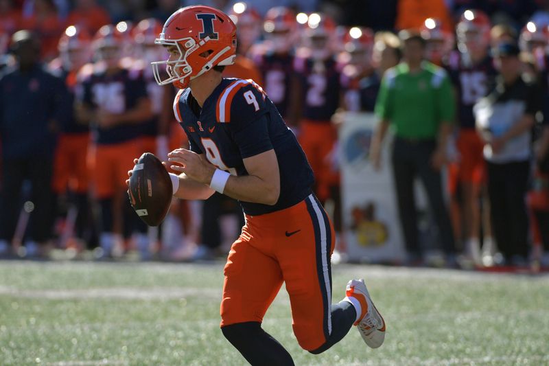 Oct 21, 2023; Champaign, Illinois, USA;  Illinois Fighting Illini quarterback Luke Altmyer (9) rolls out to pass against the Wisconsin Badgers during the first half at Memorial Stadium. Mandatory Credit: Ron Johnson-USA TODAY Sports