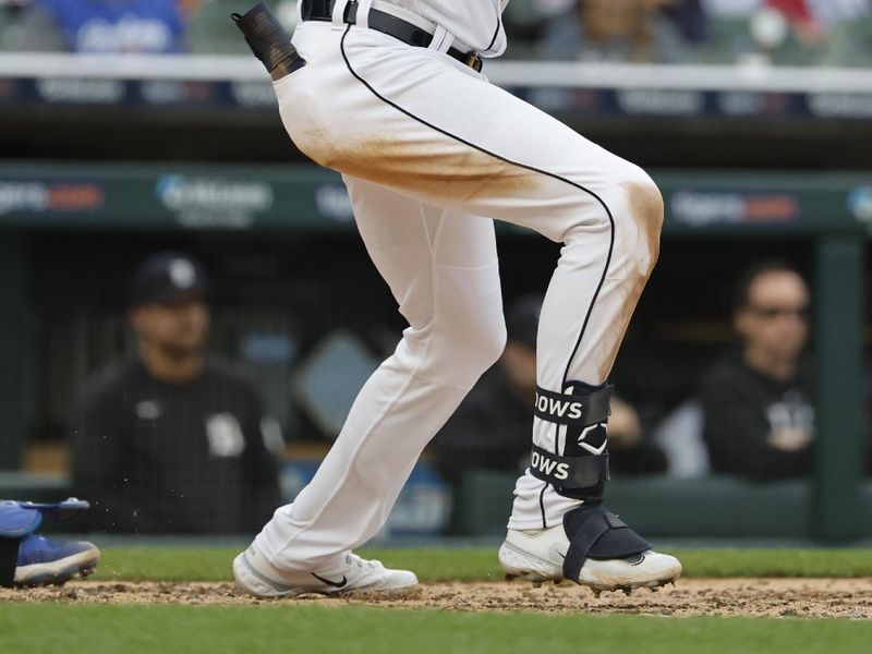 Sep 28, 2023; Detroit, Michigan, USA; Detroit Tigers center fielder Parker Meadows (22) hits a single in the fifth inning against the Kansas City Royals at Comerica Park. Mandatory Credit: Rick Osentoski-USA TODAY Sports