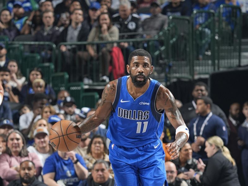 DALLAS, TX - FEBRUARY 10: Kyrie Irving #11 of the Dallas Mavericks handles the ball during the game against the Sacramento Kings on February 10, 2025 at American Airlines Center in Dallas, Texas. NOTE TO USER: User expressly acknowledges and agrees that, by downloading and or using this photograph, User is consenting to the terms and conditions of the Getty Images License Agreement. Mandatory Copyright Notice: Copyright 2025 NBAE (Photo by Glenn James/NBAE via Getty Images)