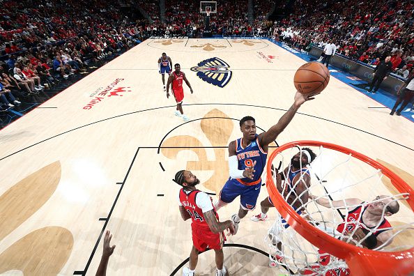 NEW ORLEANS, LA - OCTOBER 28: RJ Barrett #9 of the New York Knicks shoots the ball during the game against the New Orleans Pelicans on October 28, 2023 at the Smoothie King Center in New Orleans, Louisiana. NOTE TO USER: User expressly acknowledges and agrees that, by downloading and or using this Photograph, user is consenting to the terms and conditions of the Getty Images License Agreement. Mandatory Copyright Notice: Copyright 2023 NBAE (Photo by Layne Murdoch Jr./NBAE via Getty Images)