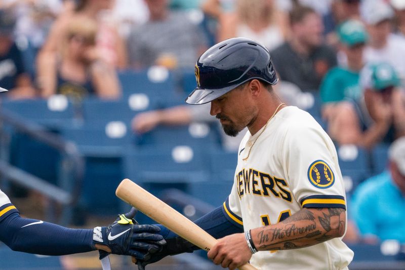 Mar 26, 2022; Phoenix, Arizona, USA; Milwaukee Brewers infielder Jace Peterson (14) celebrates with teammates after scoring against the Seattle Mariners in the third inning during a spring training game at American Family Fields of Phoenix. Mandatory Credit: Allan Henry-USA TODAY Sports