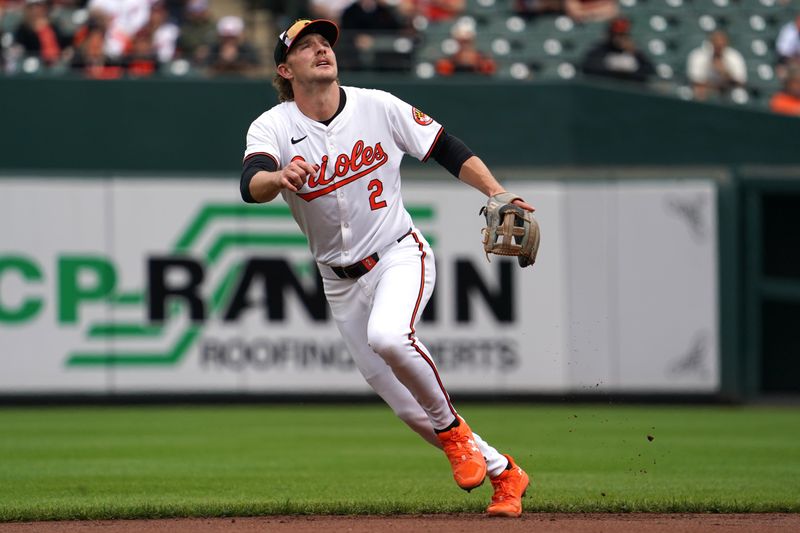 Apr 17, 2024; Baltimore, Maryland, USA; Baltimore Orioles shortstop Gunnar Henderson (2) moves to defend a batted ball in the second inning against the Minnesota Twins at Oriole Park at Camden Yards. Mandatory Credit: Mitch Stringer-USA TODAY Sports