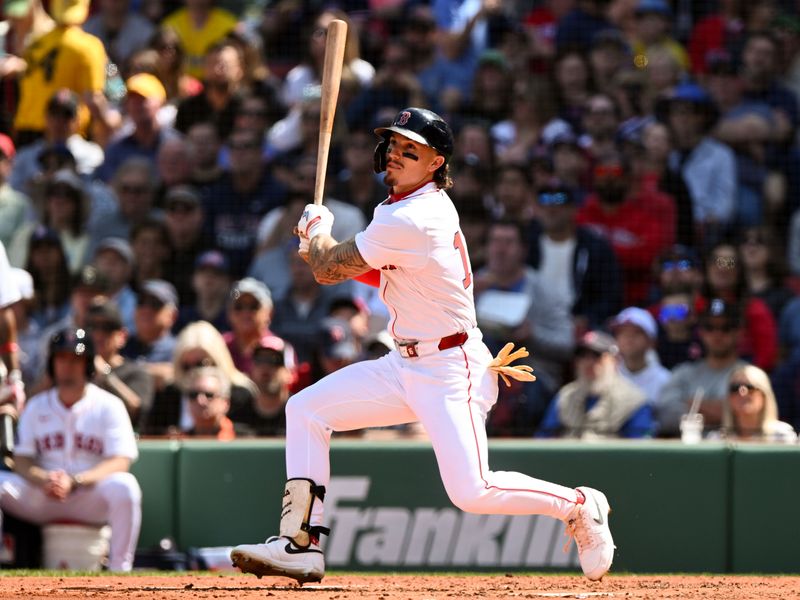 Apr 24, 2025; Boston, Massachusetts, USA; Boston Red Sox outfielder Jarren Duran (16) hits a double against the Seattle Mariners during the third inning at Fenway Park. Mandatory Credit: Brian Fluharty-Imagn Images