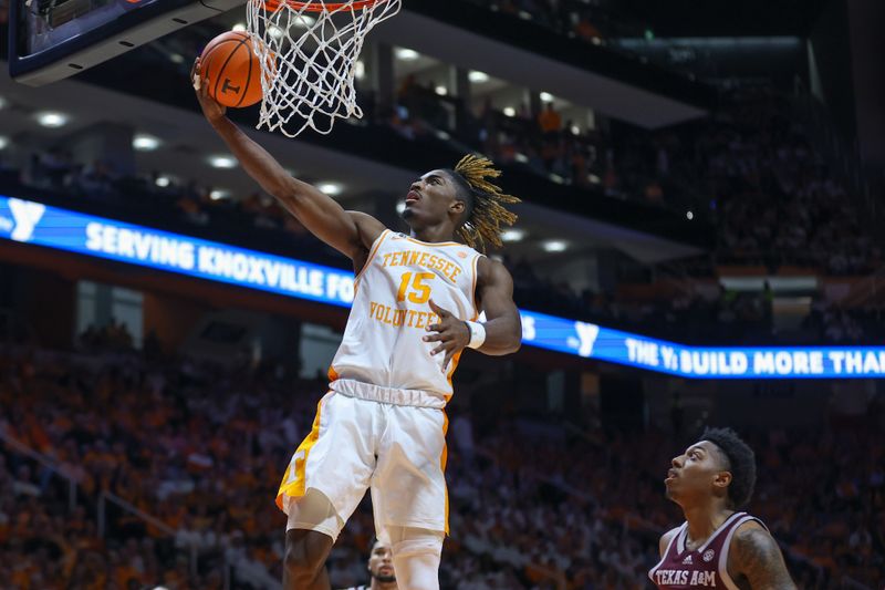 Feb 24, 2024; Knoxville, Tennessee, USA; Tennessee Volunteers guard Jahmai Mashack (15) goes to the basket against the Texas A&M Aggies during the second half at Thompson-Boling Arena at Food City Center. Mandatory Credit: Randy Sartin-USA TODAY Sports