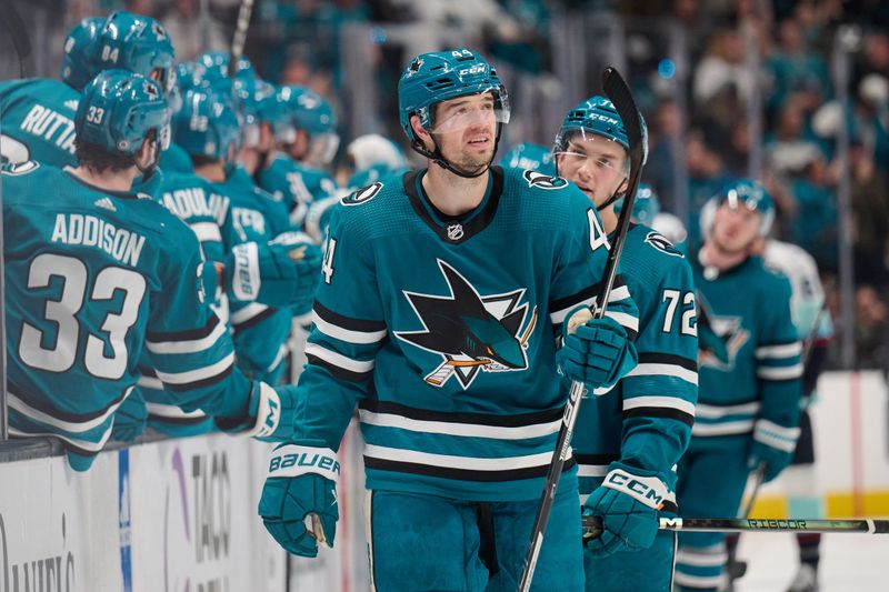 Jan 30, 2024; San Jose, California, USA; San Jose Sharks defenseman Marc-Edouard Vlasic (44) reacts after scoring a goal against the Seattle Kraken during the third period at SAP Center at San Jose. Mandatory Credit: Robert Edwards-USA TODAY Sports