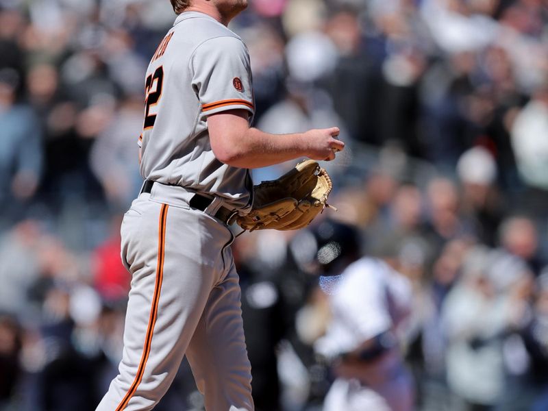 Mar 30, 2023; Bronx, New York, USA; San Francisco Giants starting pitcher Logan Webb (62) reacts after allowing a two run home run to New York Yankees designated hitter Gleyber Torres (25) during the fourth inning at Yankee Stadium. Mandatory Credit: Brad Penner-USA TODAY Sports