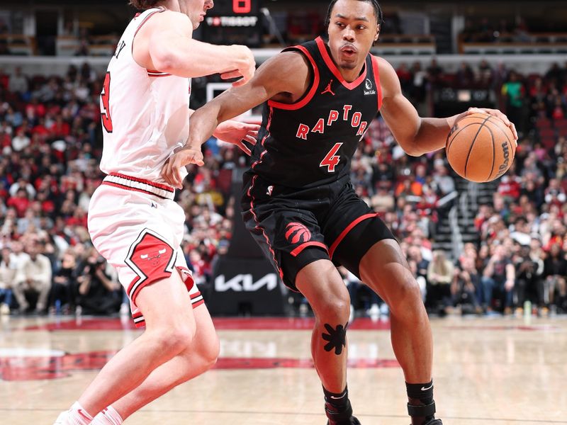 CHICAGO, IL - FEBRUARY 28:  Scottie Barnes #4 of the Toronto Raptors dribbles the ball during the game against the Chicago Bulls on February 28, 2025 at United Center in Chicago, Illinois. NOTE TO USER: User expressly acknowledges and agrees that, by downloading and or using this photograph, User is consenting to the terms and conditions of the Getty Images License Agreement. Mandatory Copyright Notice: Copyright 2025 NBAE (Photo by Jeff Haynes/NBAE via Getty Images)