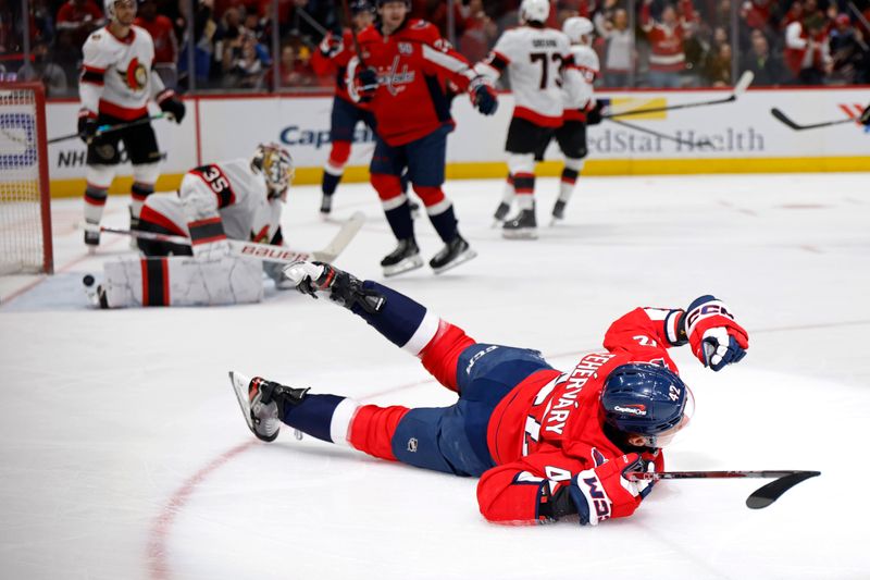 Mar 3, 2025; Washington, District of Columbia, USA; Washington Capitals defenseman Martin Fehervary (42) celebrates after scoring a goal against the Ottawa Senators in the third period at Capital One Arena. Mandatory Credit: Geoff Burke-Imagn Images