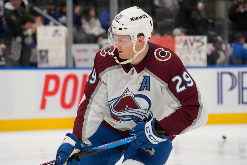 Jan 13, 2024; Toronto, Ontario, CAN; Colorado Avalanche forward Nathan MacKinnon (29) during warm up before a game against the Toronto Maple Leafs at Scotiabank Arena. Mandatory Credit: John E. Sokolowski-USA TODAY Sports