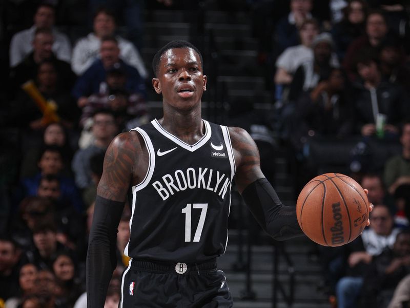 BROOKLYN, NY - FEBRUARY 10: Dennis Schroder #17 of the Brooklyn Nets brings the ball up court during the game against the San Antonio Spurs on February 10, 2024 at Barclays Center in Brooklyn, New York. NOTE TO USER: User expressly acknowledges and agrees that, by downloading and or using this Photograph, user is consenting to the terms and conditions of the Getty Images License Agreement. Mandatory Copyright Notice: Copyright 2024 NBAE (Photo by Nathaniel S. Butler/NBAE via Getty Images)