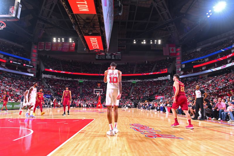 HOUSTON, TX - MARCH 16:  Jabari Smith Jr. #10 of the Houston Rockets looks on during the game against the Cleveland Cavaliers on March 16, 2023 at the Toyota Center in Houston, Texas. NOTE TO USER: User expressly acknowledges and agrees that, by downloading and or using this photograph, User is consenting to the terms and conditions of the Getty Images License Agreement. Mandatory Copyright Notice: Copyright 2024 NBAE (Photo by Logan Riely/NBAE via Getty Images)