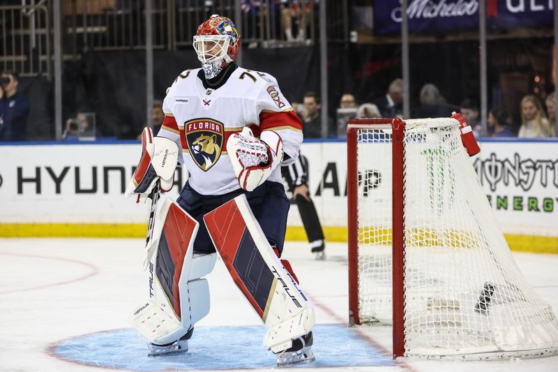 Oct 24, 2024; New York, New York, USA;  Florida Panthers goaltender Sergei Bobrovsky (72) prepares to defend the net following a timeout in the second period against the New York Rangers at Madison Square Garden. Mandatory Credit: Wendell Cruz-Imagn Images