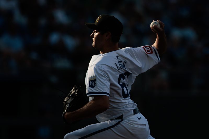 May 18, 2024; Kansas City, Missouri, USA; Kansas City Royals pitcher Seth Lugo (67) pitches in a ray of sunlight during the first inning against the Oakland Athletics at Kauffman Stadium. Mandatory Credit: William Purnell-USA TODAY Sports