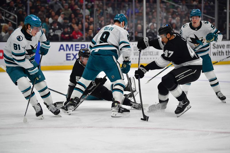 Jan 7, 2026; Los Angeles, California, USA; Los Angeles Kings left wing Andre Lee (47) moves in for a shot against the San Jose Sharks during the second period at Crypto.com Arena. Mandatory Credit: Gary A. Vasquez-Imagn Images