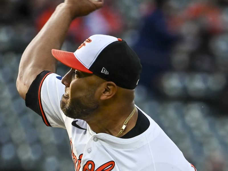 Sep 4, 2024; Baltimore, Maryland, USA;  Baltimore Orioles pitcher Albert Suárez (49) throws a first inning pitch against the Chicago White Sox at Oriole Park at Camden Yards. Mandatory Credit: Tommy Gilligan -Imagn Images