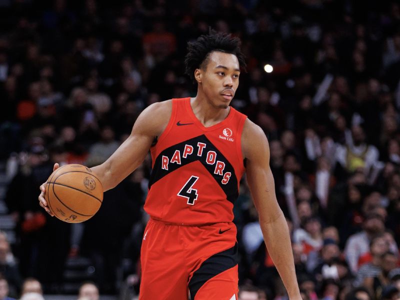 TORONTO, CANADA - JANUARY 17: Scottie Barnes #4 of the Toronto Raptors brings the ball up court against the Miami Heat during the second half at Scotiabank Arena on January 17, 2024 in Toronto, Canada. NOTE TO USER: User expressly acknowledges and agrees that, by downloading and or using this photograph, User is consenting to the terms and conditions of the Getty Images License Agreement. (Photo by Cole Burston/Getty Images)