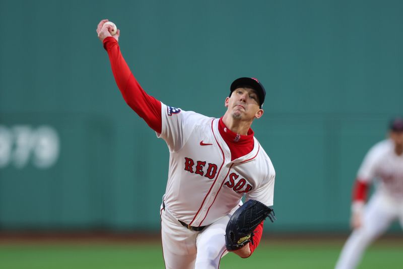 May 20, 2025; Boston, Massachusetts, USA; Boston Red Sox starting pitcher Walker Buehler (0) delivers a pitch during the first inning against the New York Mets at Fenway Park. Mandatory Credit: Paul Rutherford-Imagn Images