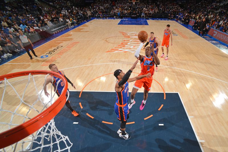 NEW YORK, NY - MARCH 31: Jalen Williams #8 of the Oklahoma City Thunder drives to the basket during the game against the New York Knicks on March 31, 2024 at Madison Square Garden in New York City, New York.  NOTE TO USER: User expressly acknowledges and agrees that, by downloading and or using this photograph, User is consenting to the terms and conditions of the Getty Images License Agreement. Mandatory Copyright Notice: Copyright 2024 NBAE  (Photo by Jesse D. Garrabrant/NBAE via Getty Images)