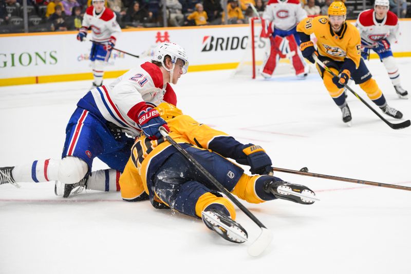 Apr 6, 2025; Nashville, Tennessee, USA; Montreal Canadiens defenseman Kaiden Guhle (21) takes down Nashville Predators center Ryan O'Reilly (90) during the second period at Bridgestone Arena. Mandatory Credit: Steve Roberts-Imagn Images