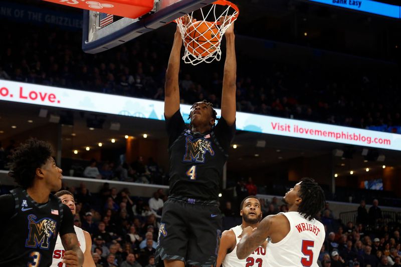 Jan 26, 2023; Memphis, Tennessee, USA; Memphis Tigers forward Chandler Lawson (4) dunks during the first half against the Southern Methodist Mustangs at FedExForum. Mandatory Credit: Petre Thomas-USA TODAY Sports