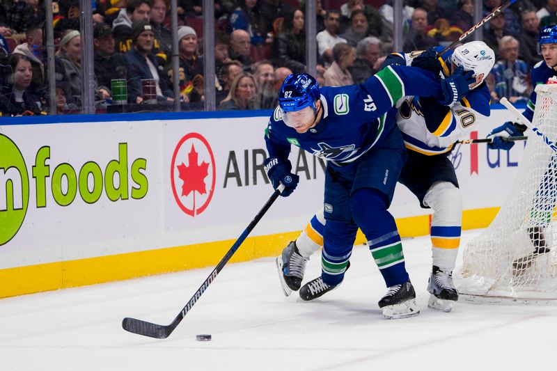 Jan 24, 2024; Vancouver, British Columbia, CAN; Vancouver Canucks defenseman Ian Cole (82) defends against St. Louis Blues forward Brayden Schenn (10) in the second period at Rogers Arena. Mandatory Credit: Bob Frid-USA TODAY Sports