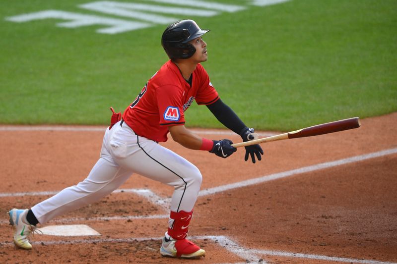 Jul 23, 2024; Cleveland, Ohio, USA; Cleveland Guardians designated hitter Steven Kwan (38) watches his solo home run in the third inning against the Detroit Tigers at Progressive Field. Mandatory Credit: David Richard-USA TODAY Sports