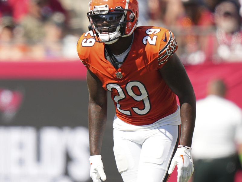 Chicago Bears cornerback Tyrique Stevenson (29) creeps toward the line of scrimmage before a snap during an NFL football game against the Tampa Bay Buccaneers, Sunday, Sept. 17, 2023, in Tampa, Fla. (AP Photo/Peter Joneleit)