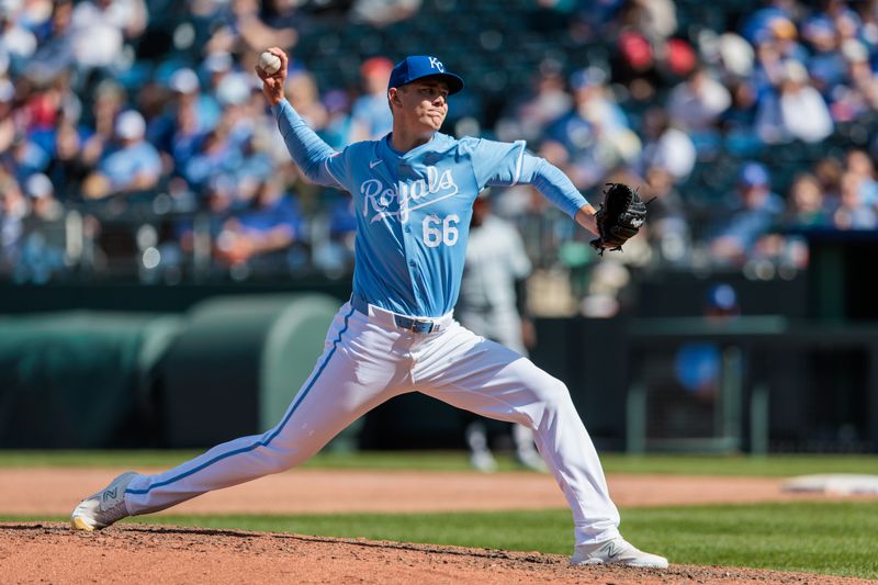 Apr 7, 2024; Kansas City, Missouri, USA; Kansas City Royals pitcher James McArthur (66) pitching during the ninth inning against the Chicago White Sox at Kauffman Stadium. Mandatory Credit: William Purnell-USA TODAY Sports