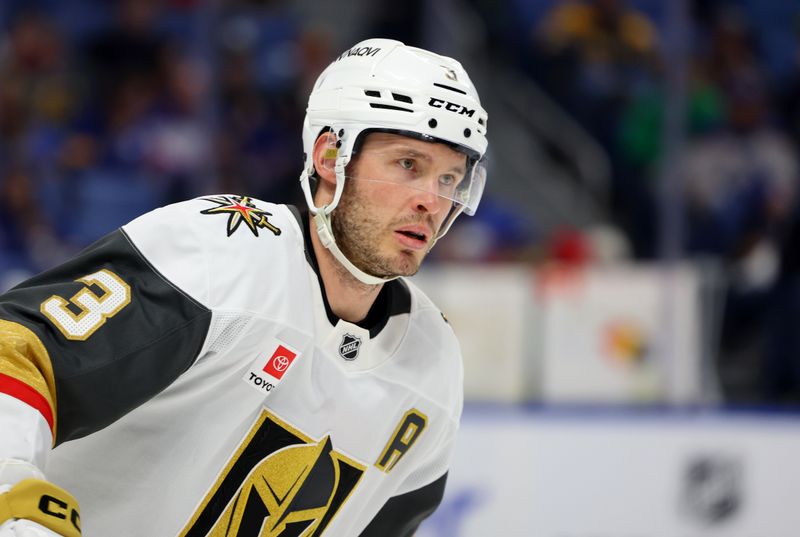 Mar 3, 2026; Buffalo, New York, USA;  Vegas Golden Knights defenseman Brayden McNabb (3) before the start of the third period against the Buffalo Sabres at KeyBank Center. Mandatory Credit: Timothy T. Ludwig-Imagn Images