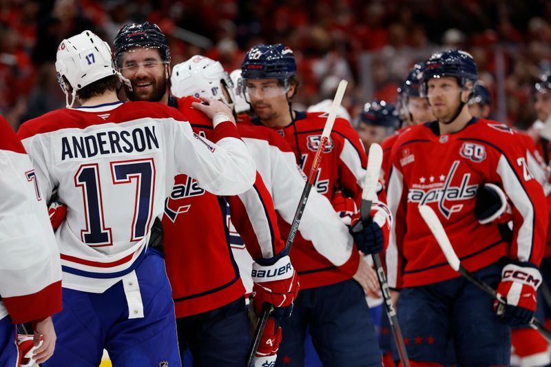 Apr 30, 2025; Washington, District of Columbia, USA; Montreal Canadiens right wing Josh Anderson (17) and Washington Capitals right wing Tom Wilson (43) shake hands in the handshake line after game five of the first round of the 2025 Stanley Cup Playoffs at Capital One Arena. Mandatory Credit: Geoff Burke-Imagn Images