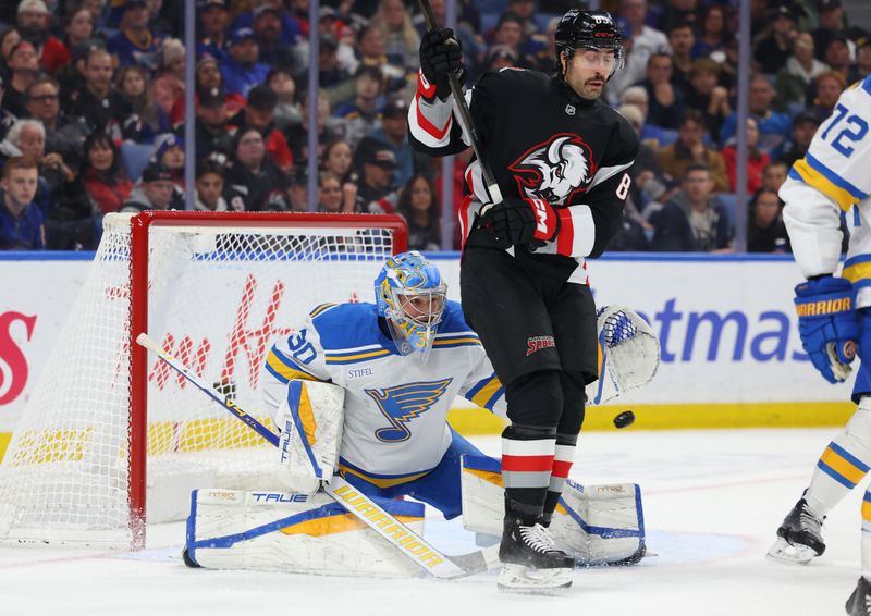 Nov 6, 2025; Buffalo, New York, USA;  Buffalo Sabres right wing Alex Tuch (89) tries to screen St. Louis Blues goaltender Joel Hofer (30) as he looks to make a save during the second period at KeyBank Center. Mandatory Credit: Timothy T. Ludwig-Imagn Images