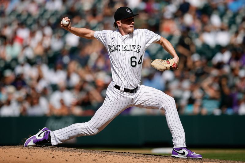 Jul 16, 2023; Denver, Colorado, USA; Colorado Rockies relief pitcher Gavin Hollowell (64) pitches in the eleventh inning against the New York Yankees at Coors Field. Mandatory Credit: Isaiah J. Downing-USA TODAY Sports