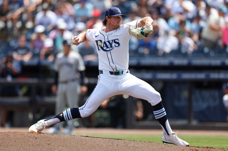 Apr 20, 2025; Tampa, Florida, USA; Tampa Bay Rays starting pitcher Ryan Pepiot (44) throws a pitch against the New York Yankees in the second inning at George M. Steinbrenner Field. Mandatory Credit: Nathan Ray Seebeck-Imagn Images