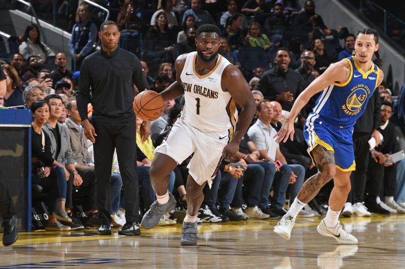 SAN FRANCISCO, CA - OCTOBER 30: Zion Williamson #1 of the New Orleans Pelicans dribbles the ball during the game against the Golden State Warriors on October 30, 2024 at Chase Center in San Francisco, California. NOTE TO USER: User expressly acknowledges and agrees that, by downloading and or using this photograph, user is consenting to the terms and conditions of Getty Images License Agreement. Mandatory Copyright Notice: Copyright 2024 NBAE (Photo by Noah Graham/NBAE via Getty Images)